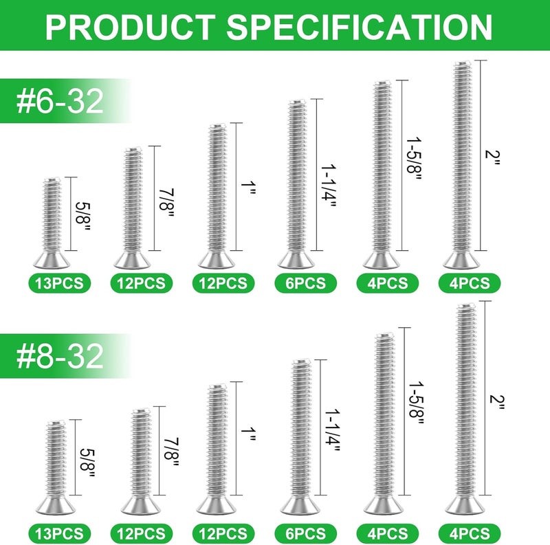 Twidec /Machine Screws Assortment kit,304 Stainless Steel Phillips Flat Head Electricians Screws #6-32#8-32 102PCS 5/8 to 2 inch Extra Long for Electrical Wall Plate Switch, Receptacles Mounting Screws - Image 2